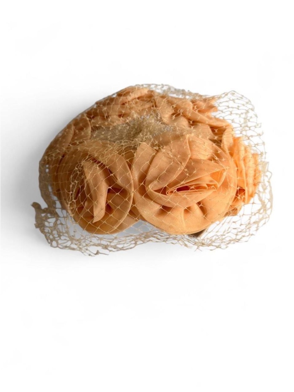 Vintage 1950s Peach Floral Chiffon Pillbox Hat Birdcage Veil Union Tag